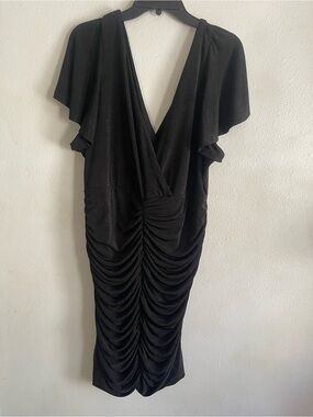 Forever 21 Black Ruched V-Neck Midi Dress with Flutter Sleeves